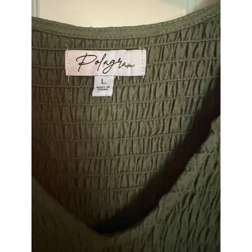 Polagram Olive Green Smocked Leaf Print Maxi Dress Flutter Sleeve L PSD3944-S - Picture 2 of 10